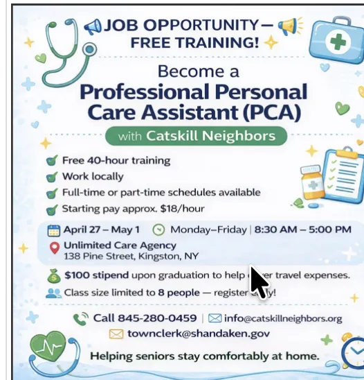 Flyer for free PCA training job opportunity with Catskill Neighbors